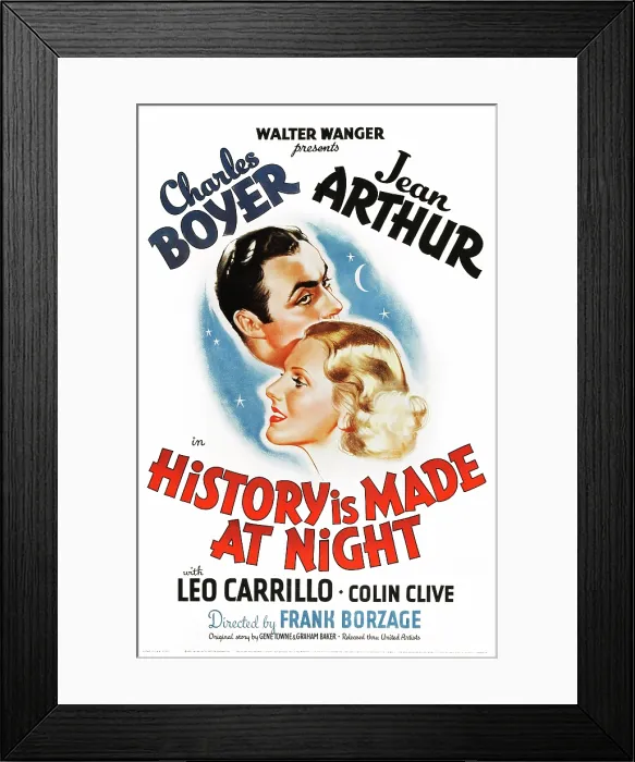 Framed Print : HISTORY IS MADE AT NIGHT, l-r: Charles Boyer, Jean Arthur on poster art, 1937 Framed Print : HISTORY IS MADE AT NIGHT, l-r: Charles Boyer, Jean Arthur on poster art, 1937