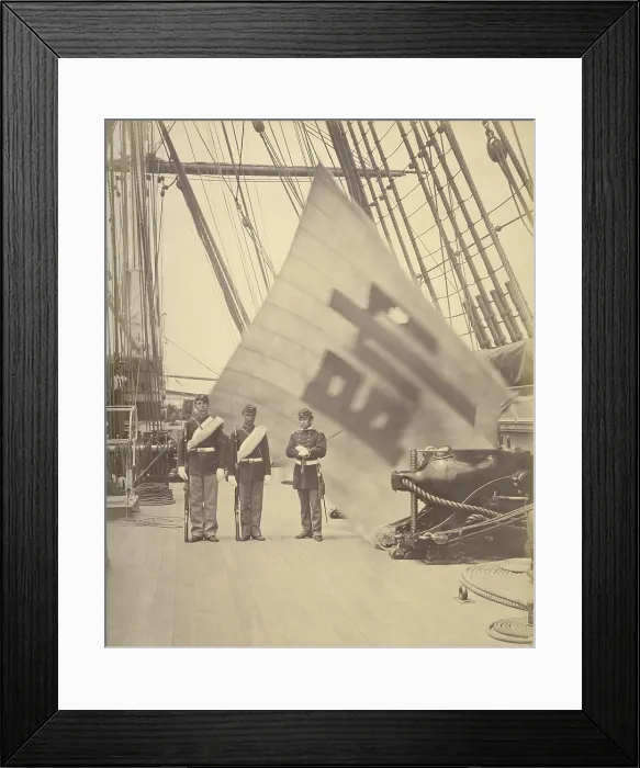Framed Print : US sailors display the captured Flag of Eo Jae-yeon, the commander of the Korean forces, June 1871