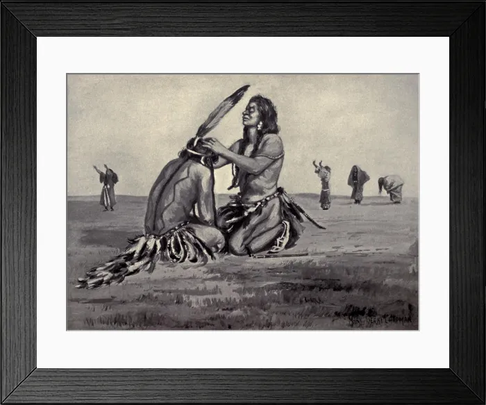 Framed Print : Native American Ghost Dancers in prayer, practicing the laying on of hands, c. 1890. Reproduction of a painting by Mary Irvin Wright (BSLOC_2017_18_7)