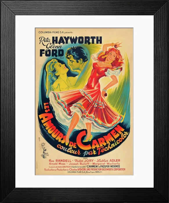 Framed Print : THE LOVES OF CARMEN, (aka LES AMOURS DE CARMEN), from left: Rita Hayworth, Glenn Ford, Rita Hayworth on French poster art, 1948