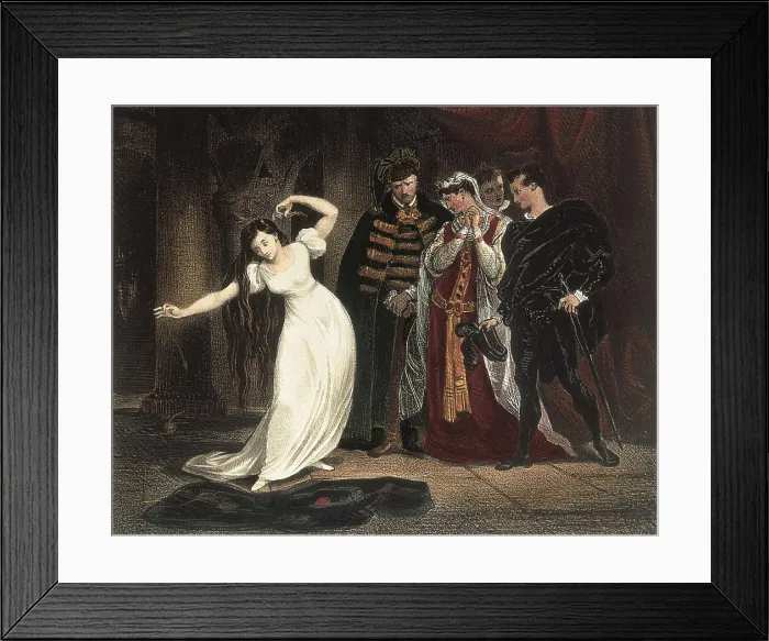 Framed Print : DEVERIA, Eugne (1805-1865); SHAKESPEARE, William (1564-1616). Scene from William Shakespeare's 'Hamlet' with Ophelia, King Claudius, Queen Gertrude and Laertes