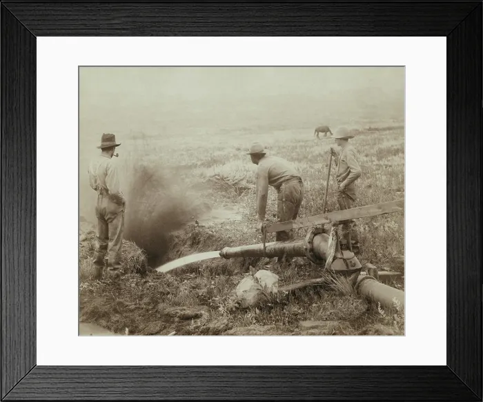 Framed Print : Three men engaged in hydraulic gold mining in Rockerville, Black Hills or South Dakota, 1889 (BSLOC_2017_18_54)