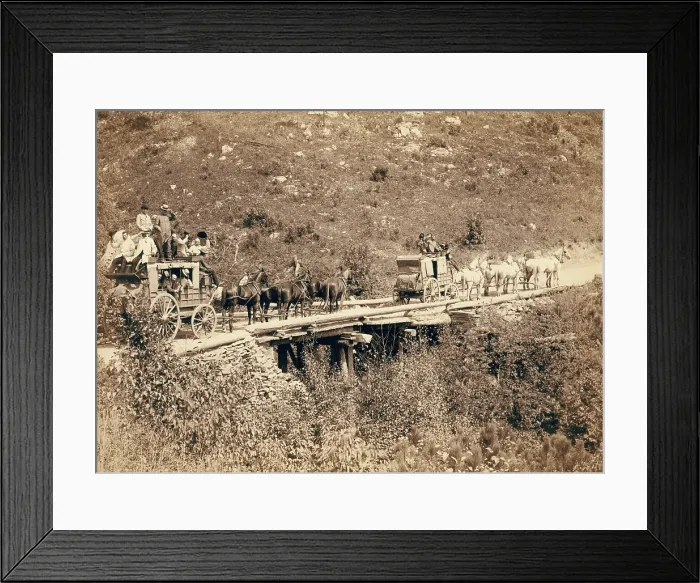Framed Print : Two crowded Deadwood Coaches in South Dakota, 1889. Prosperous men wave or tip their hats to the photographer Framed Print : Two crowded Deadwood Coaches in South Dakota, 1889. Prosperous men wave or tip their hats to the photographer