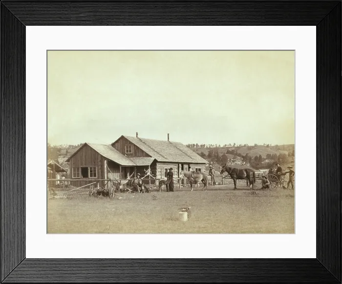 Framed Print : Men and a woman in front of a western ranch house, in South Dakota, 1887