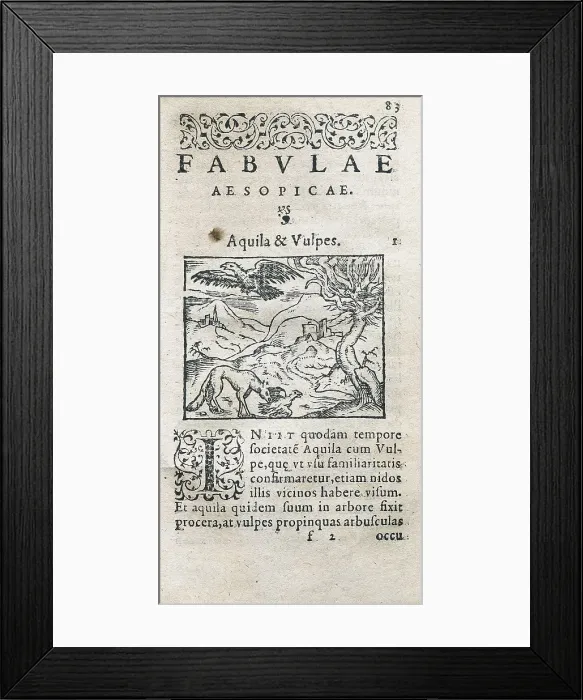 Framed Print : ESOPUS (650-560 BC). 'Fables'. Latin edition carried out in Leyden in 1579. Fable of The Eagle and the Fox. SPAIN. Barcelona. Barcelona University Library Framed Print : ESOPUS (650-560 BC). 'Fables'. Latin edition carried out in Leyden in 1579. Fable of The Eagle and the Fox. SPAIN. Barcelona. Barcelona University Library
