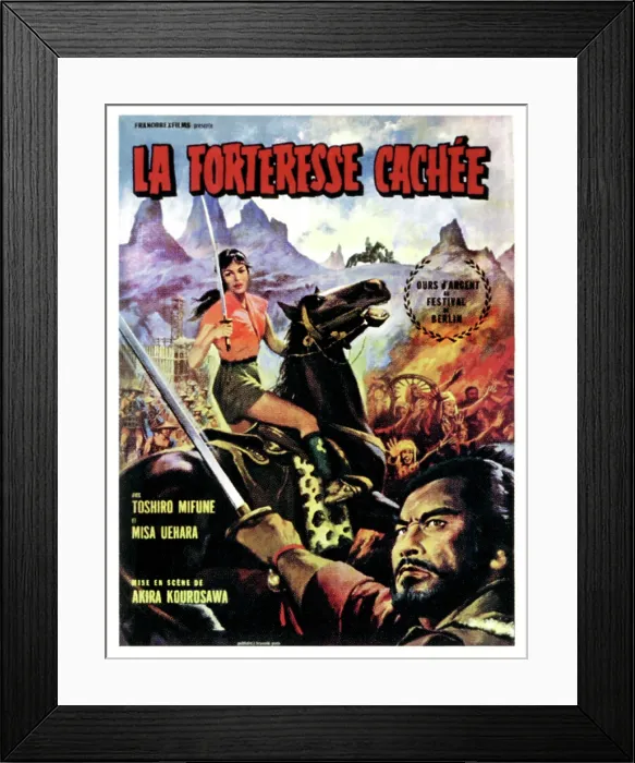 Framed Print : THE HIDDEN FORTRESS, (aka KAKUSHI0TORIDE NO SAN-AKUNIN, LA FORTALEZA ESCONDIDA), top: Misa Uehara, bottom: Toshiro Mifune on French poster art, 1958 Framed Print : THE HIDDEN FORTRESS, (aka KAKUSHI0TORIDE NO SAN-AKUNIN, LA FORTALEZA ESCONDIDA), top: Misa Uehara, bottom: Toshiro Mifune on French poster art, 1958