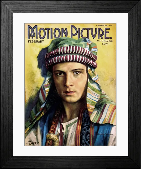 Framed Print : Rudolph Valentino, in his costume from THE SHEIK, 1921, on the cover of Motion Picture Magazine, February 1922 Framed Print : Rudolph Valentino, in his costume from THE SHEIK, 1921, on the cover of Motion Picture Magazine, February 1922