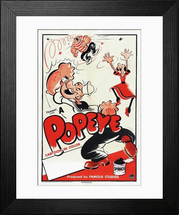 Framed Print : Popeye (left), top center: Bluto (aka Brutus), right: Olive Oyl on 1949 stock poster