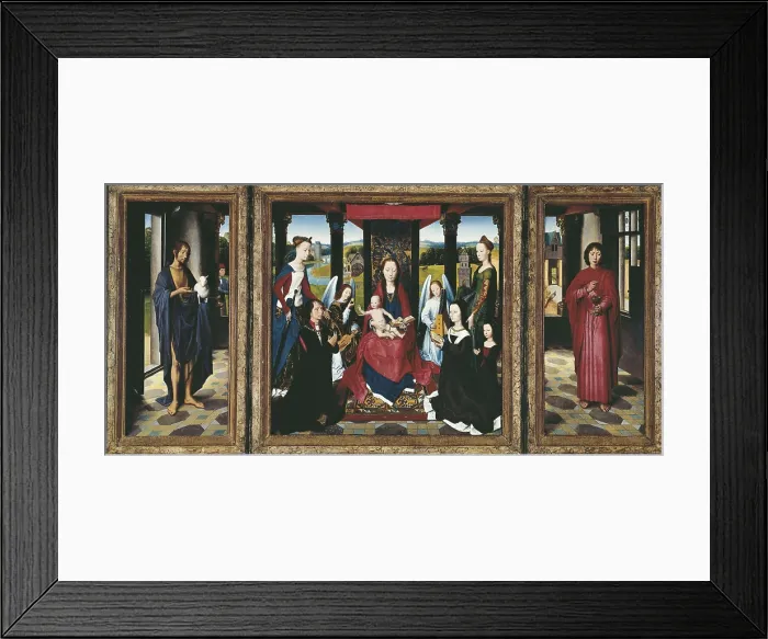 Framed Print : MEMLING, Hans (1433-1494). The Virgin and Child with Saints and Donors. 1478. The work was probably commissioned from Memling in Bruges by Sir John Donne of Kidwelly. Oil on oak Framed Print : MEMLING, Hans (1433-1494). The Virgin and Child with Saints and Donors. 1478. The work was probably commissioned from Memling in Bruges by Sir John Donne of Kidwelly. Oil on oak