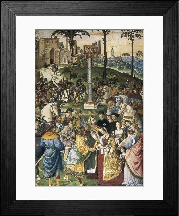 Framed Print : PINTURICCHIO, Bernardino di Betto, called Il (1454-1513). Piccolomini Library. Eneas Piccolomini introducing Leonor of Portugal to Frederick III. 1502-1508. ITALY. Siena