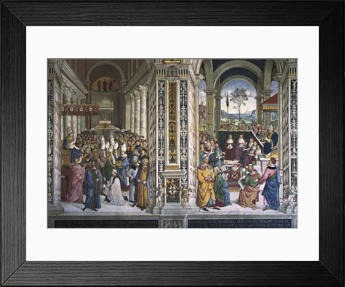 Framed Print : PINTURICCHIO, Bernardino di Betto, called Il (1454-1513). Piccolomini Library. 1502-1508. ITALY. Siena. Cathedral. Eneas Piccolomini crowned Pope in 1458. Renaissance art