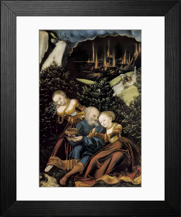 Framed Print : Cranach, Lucas, 'the Elder' (1472-1553). Loth and his daughters (Lot und seine Tchter). 1528. Renaissance art. Oil on wood. AUSTRIA. Vienna