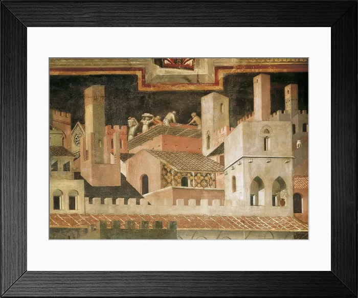 Framed Print : LORENZETTI, Ambrogio (1285-1348). Allegory of the Good Government: Effects of Good Government on the City Life. 1338-1340. ITALY. Siena. Public Palace. Central detail