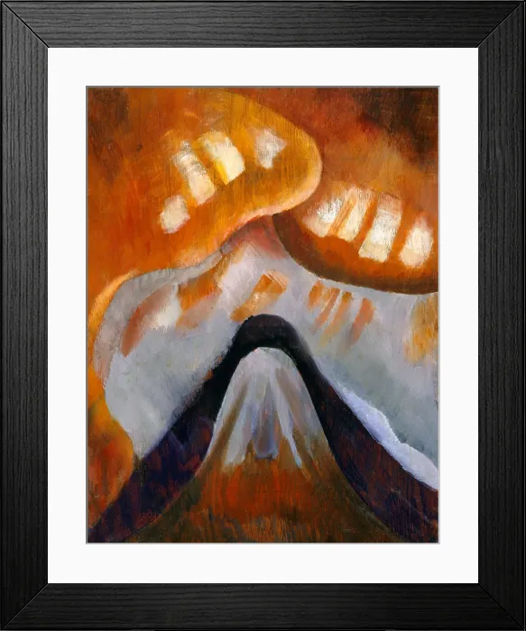 Framed Print : MOUNTAIN AND SKY, by Arthur Dove, 1925, American painting, oil on wood panel. Abstract landscape is dramatically painted with orange clouds (BSLOC_2017_7_80)