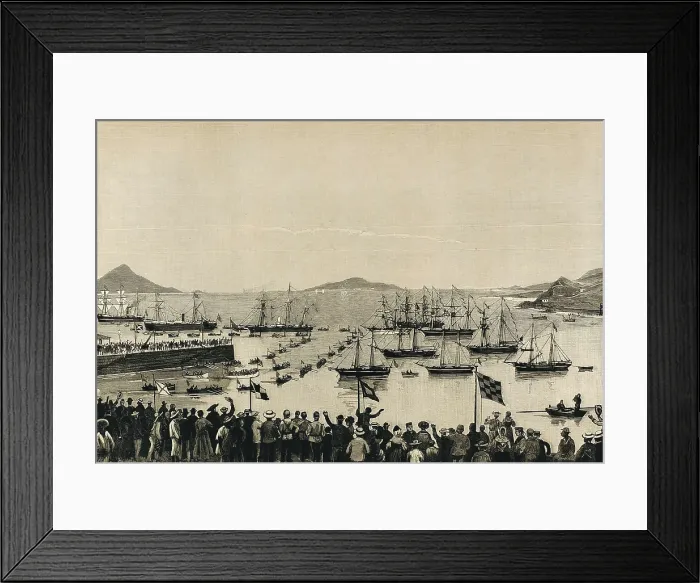 Framed Print : Santa Cruz de la Palma. The port on 16th November 1883. View of the ships trasporting telepgraphic wire on the occasion of its inauguration. Engraving