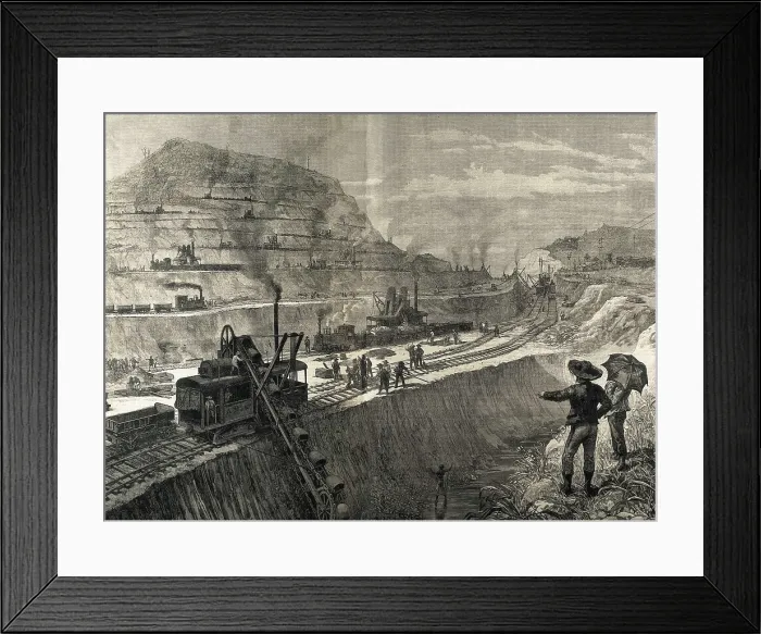 Framed Print : Construction of Panama Canal. Dredging works in the village of Culebra. Original drawing by Meltor Prior. Image published in 'The Illustrated London News'. Engraving