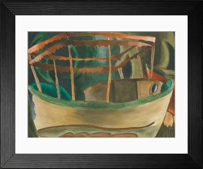 Framed Print : FISHBOAT, by Arthur Dove, 1930, American painting, oil on paperboard. Abstracted boat fills the artwork surface, with a background of modeled green shapes (BSLOC_2017_7_85) Framed Print : FISHBOAT, by Arthur Dove, 1930, American painting, oil on paperboard. Abstracted boat fills the artwork surface, with a background of modeled green shapes (BSLOC_2017_7_85)
