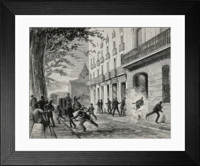 Framed Print : Spain (1884). Barcelona. Explosion of a grenade at0 Rambla Santa Mnica, at the doorway of Mr. Mas shop (5th June 1884). Etching. AISA / Everett Collection**US SALES ONLY** Framed Print : Spain (1884). Barcelona. Explosion of a grenade at0 Rambla Santa Mnica, at the doorway of Mr. Mas shop (5th June 1884). Etching. AISA / Everett Collection**US SALES ONLY**