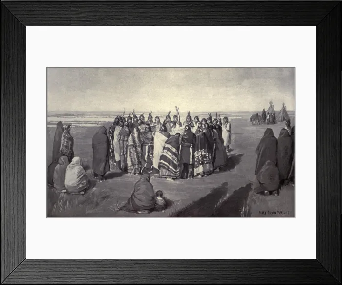 Framed Print : Native American Ghost Dancers in a circle, c. 1890. Dancers sang but usually made no use of drums, rattles, or other musical instruments