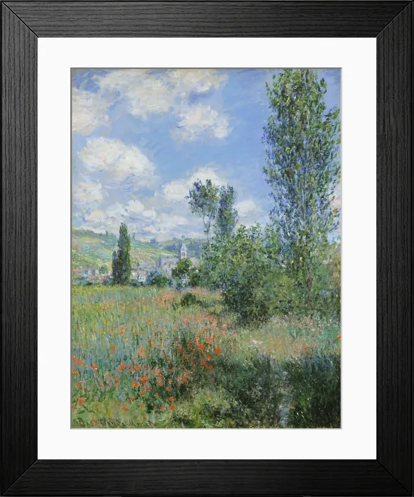 Framed Print : View of Vetheuil, by Claude Monet, 1880, French impressionist painting, oil on canvas. A footpath starts at lower right and disappears into the poppy field Framed Print : View of Vetheuil, by Claude Monet, 1880, French impressionist painting, oil on canvas. A footpath starts at lower right and disappears into the poppy field