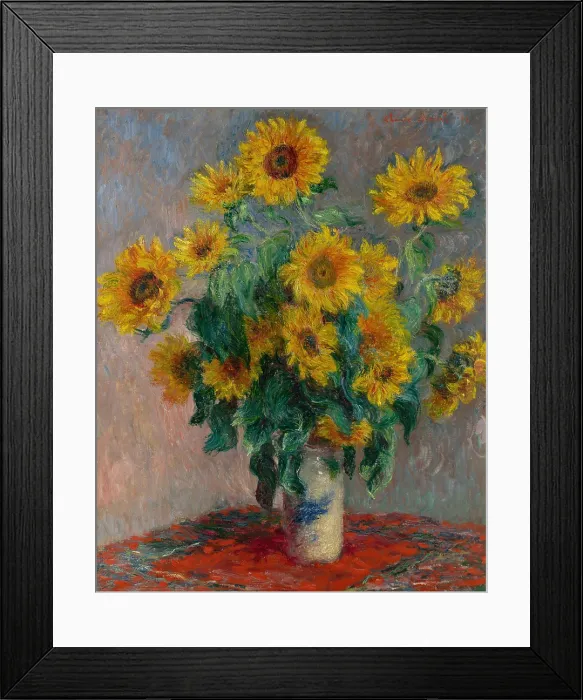 Framed Print : Bouquet of Sunflowers, by Claude Monet, 1881, French impressionist painting, oil on canvas. Sunflowers in a Japanese vase on a red tablecloth (BSLOC_2017_3_33)