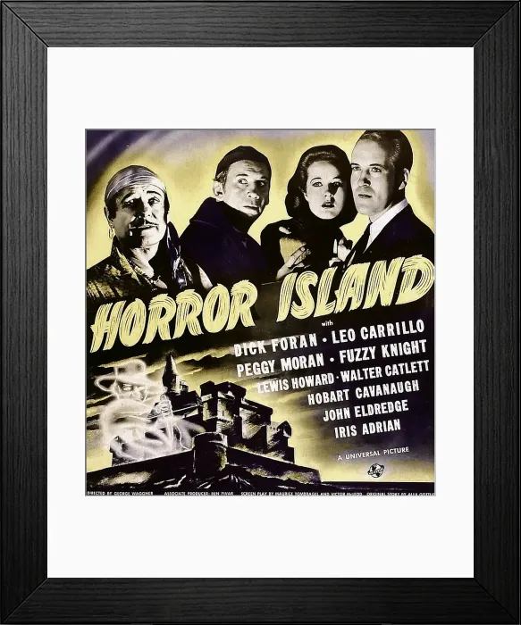 Framed Print : HORROR ISLAND, from left: Leo Carrillo, Fuzzy Knight, Peggy Moran, Dick Foran on window card, 1941 Framed Print : HORROR ISLAND, from left: Leo Carrillo, Fuzzy Knight, Peggy Moran, Dick Foran on window card, 1941