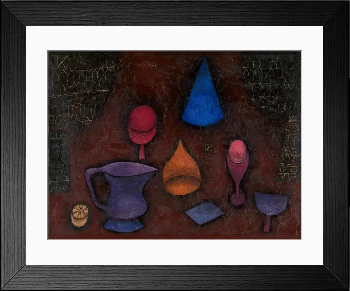 Framed Print : STILL LIFE, by Paul Klee, 1927, Swiss painting, oil on board. Klee simplified forms of a goblet, half lemon, pitcher, cut onion, piece of paper, chalice, dice, Easter egg and cup