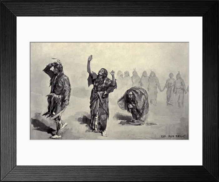 Framed Print : Native American Ghost Dancers left the dance circle during inspirations, prayer, and visions, 1890. Reproduction of a painting by Mary Irvin Wright (BSLOC_2017_18_9) Framed Print : Native American Ghost Dancers left the dance circle during inspirations, prayer, and visions, 1890. Reproduction of a painting by Mary Irvin Wright (BSLOC_2017_18_9)