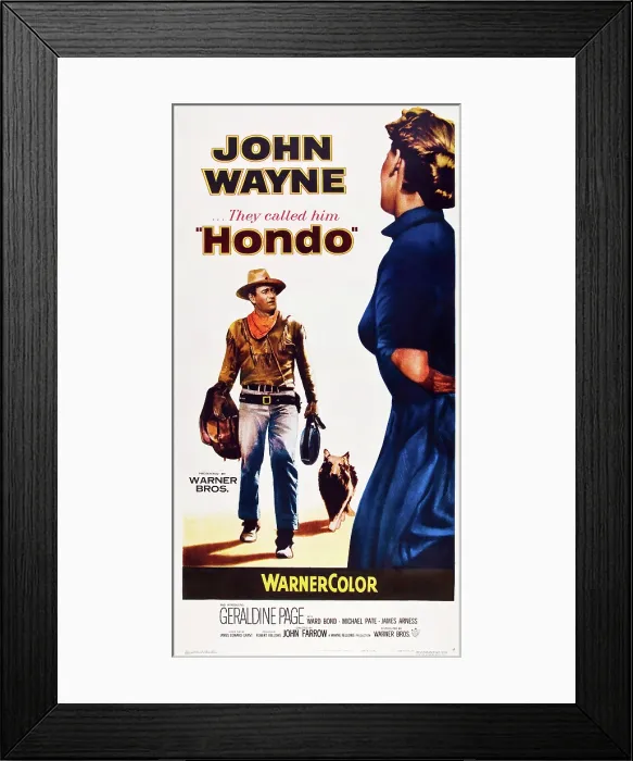 Framed Print : HONDO, left: John Wayne on poster art, 1953