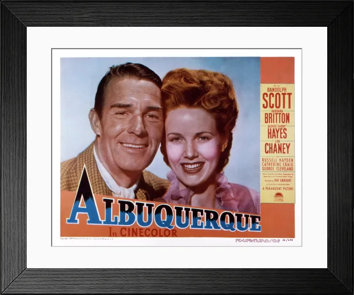 Framed Print : ALBUQUERQUE, US lobbycard, from left: Randolph Scott, Barbara Britton, 1948