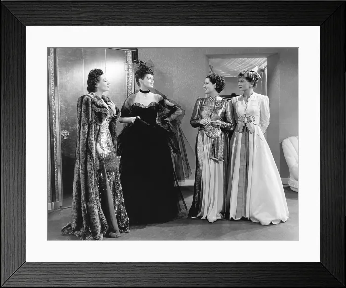 Framed Print : THE WOMEN, from left, Joan Crawford, Rosalind Russell, Norma Shearer, Joan Fontaine, all in dresses by Adrian, 1939