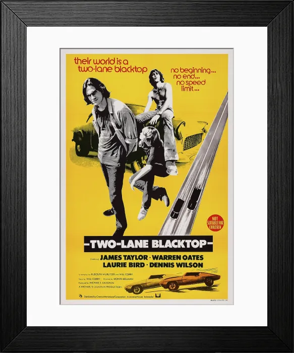 Framed Print : TWO-LANE BLACKTOP, US poster art, from left: James Taylor, Laurie Bird, Dennis Wilson, 1971