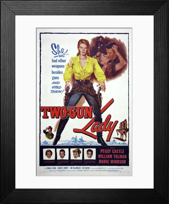 Framed Print : TWO-GUN LADY, top l-r: Peggie Castle, William Talman, bottom l-r: Joe Besser, Peggie Castle, William Talman, Marie Windsor, Robert Lowery on poster art, 1955