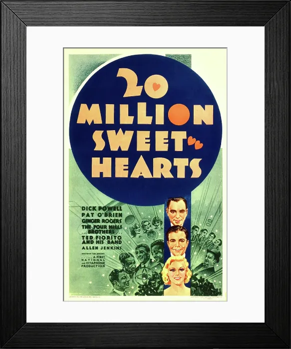 Framed Print : TWENTY MILLION SWEETHEARTS, (aka 20 MILLION SWEETHEARTS), US poster art, center, full color, from top: Pat O'Brien, Dick Powell, Ginger Rogers; monochrome, left Framed Print : TWENTY MILLION SWEETHEARTS, (aka 20 MILLION SWEETHEARTS), US poster art, center, full color, from top: Pat O'Brien, Dick Powell, Ginger Rogers; monochrome, left