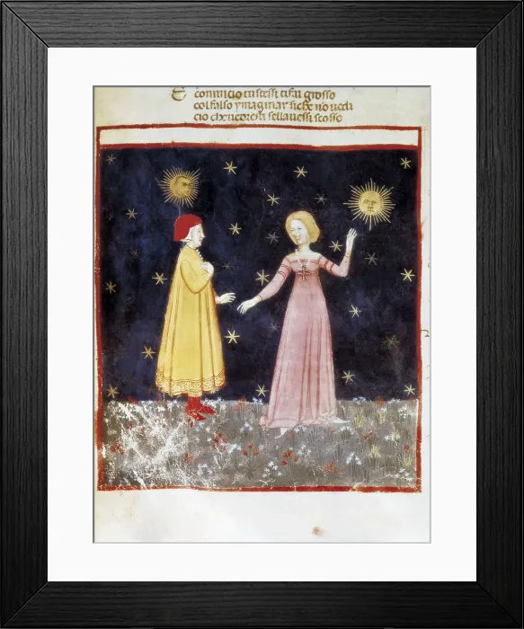Framed Print : The Divine Comedy. s.XIV. Dante and Beatrix meeting in Paradise. Gothic art. Miniature Painting. ITALY. Venice. Biblioteca nazionale marciana (St. Mark's Library)