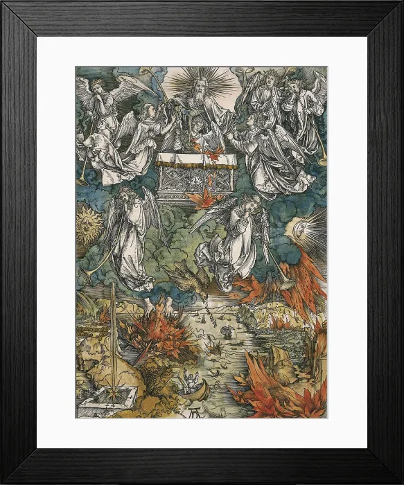 Framed Print : DURER, Albrecht (1471-1528). Apocalypse of St. John. 1496-1498. Angels announce the End of the World blowing theri trumpets. Flemish art. Xylography. ITALY. Venice Framed Print : DURER, Albrecht (1471-1528). Apocalypse of St. John. 1496-1498. Angels announce the End of the World blowing theri trumpets. Flemish art. Xylography. ITALY. Venice