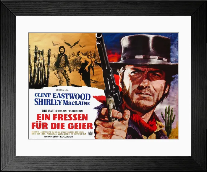Framed Print : TWO MULES FOR SISTER SARA, (aka EIN FRESSEN FUR DIE GEIER), top right: Shirley MacLaine, right: Clint Eastwood on German poster art, 1970