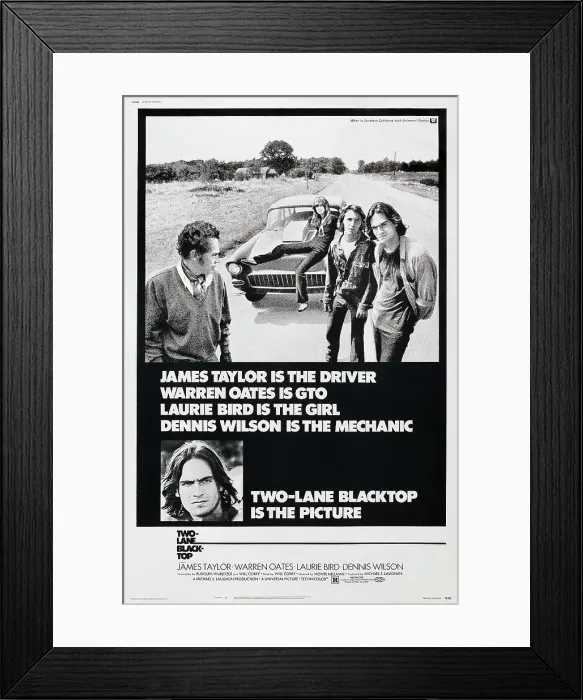Framed Print : TWO-LANE BLACKTOP, US poster, from left: Warren Oates, Laurie Bird, Dennis Wilson, James Taylor, bottom left inset: James Taylor, 1971