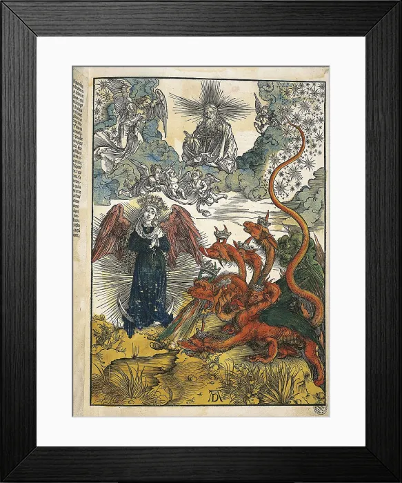 Framed Print : DURER, Albrecht (1471-1528). Apocalypse of St. John. 1496-1498. The Virgin stops the monster with seven heads. Flemish art. Xylography. ITALY. Venice. Correr Museum Library