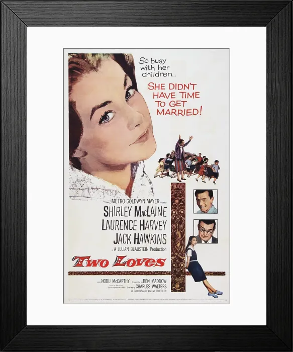 Framed Print : TWO LOVES, US poster art, clockwise from top left: Shirley MacLaine, Laurence Harvey, Jack Hawkins, Nobu McCarthy, 1961 Framed Print : TWO LOVES, US poster art, clockwise from top left: Shirley MacLaine, Laurence Harvey, Jack Hawkins, Nobu McCarthy, 1961