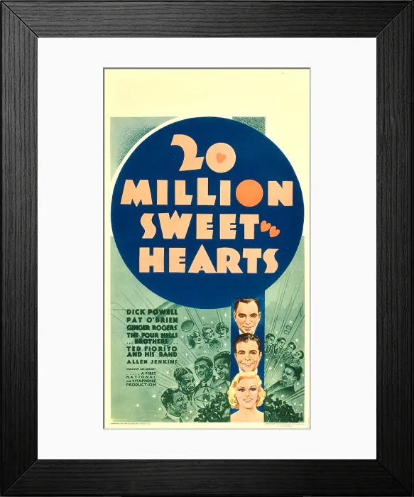 Framed Print : 20 MILLION SWEETHEARTS (aka TWENTY MILLION SWEETHEARTS), center from top: Pat O'Brien, Dick Powell, Ginger Rogers on midget window card, 1934