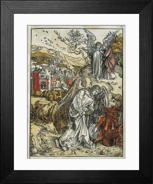 Framed Print : DURER, Albrecht (1471-1528). Apocalypse of St. John. 1496-1498. The Angel shows to Saint John the Heavenly Jerusalem and locks Evil again in Hell. Flemish art. Xylography. ITALY