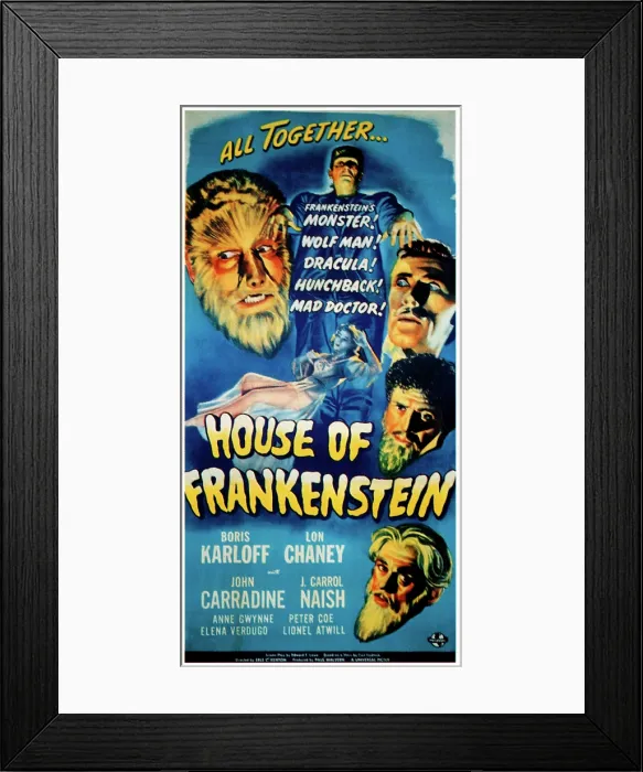 Framed Print : HOUSE OF FRANKENSTEIN, Lon Chaney Jr. Glenn Strange, John Carradine, J. Carrol Naish, Boris Karloff, 1944 Framed Print : HOUSE OF FRANKENSTEIN, Lon Chaney Jr. Glenn Strange, John Carradine, J. Carrol Naish, Boris Karloff, 1944