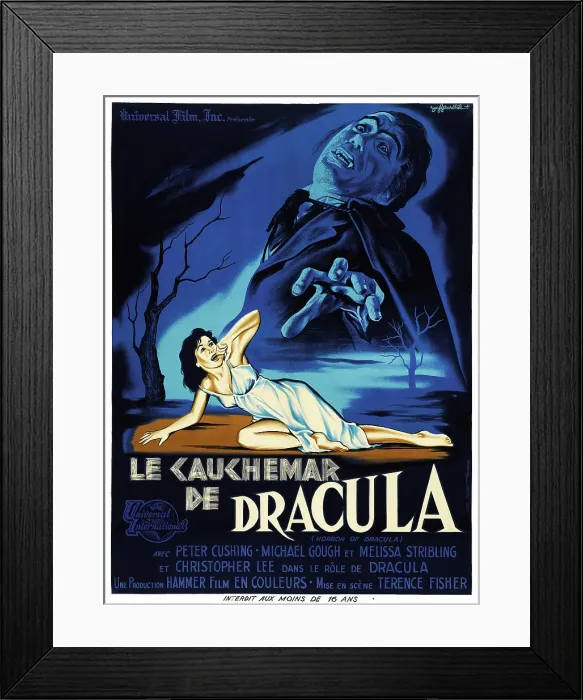 Framed Print : HORROR OF DRACULA, (aka LE CAUCHEMAR DE DRACULA), top: Christopher Lee on French poster art, 1958 Framed Print : HORROR OF DRACULA, (aka LE CAUCHEMAR DE DRACULA), top: Christopher Lee on French poster art, 1958