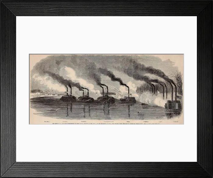Framed Print : US Civil War, Battle of Fort Henry, Tennessee, Feb. 6, 1862. Union gunboats bombard Fort Henry on the Tennessee River
