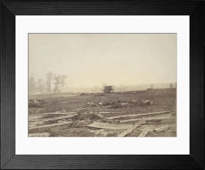 Framed Print : US Civil War. Battle of Antietam, also called Battle of Sharpsburg, Sept. 17, 1862. Scattered fence rails, unburied dead soldiers, and horses remain in the aftermath of battle Framed Print : US Civil War. Battle of Antietam, also called Battle of Sharpsburg, Sept. 17, 1862. Scattered fence rails, unburied dead soldiers, and horses remain in the aftermath of battle