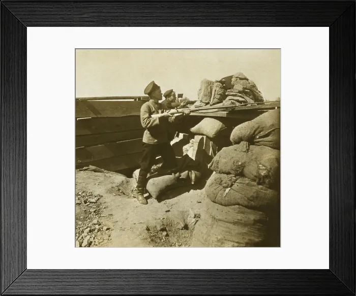Framed Print : Russian defenders behind a defensive barricade alert for Japanese assault. The Battle for Port Arthur in the Russo-Japanese War, fought from Feb.-Dec Framed Print : Russian defenders behind a defensive barricade alert for Japanese assault. The Battle for Port Arthur in the Russo-Japanese War, fought from Feb.-Dec
