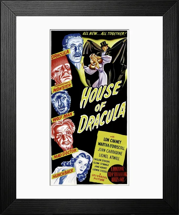 Framed Print : HOUSE OF DRACULA, left from top: John Carradine, Glenn Strange, Lon Chaney Jr. Lionel Atwill, Martha O'Driscoll on Australian poster art, 1945
