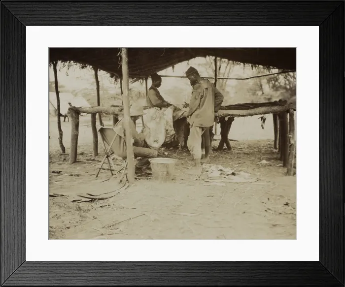 Framed Print : Edmund Heller (seated), Smithsonian naturalist, works with African men to clean a specimen