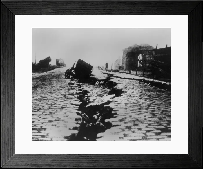 Framed Print : Fissure and sink in East Street near Ferry Building after the San Francisco Earthquake, 1906